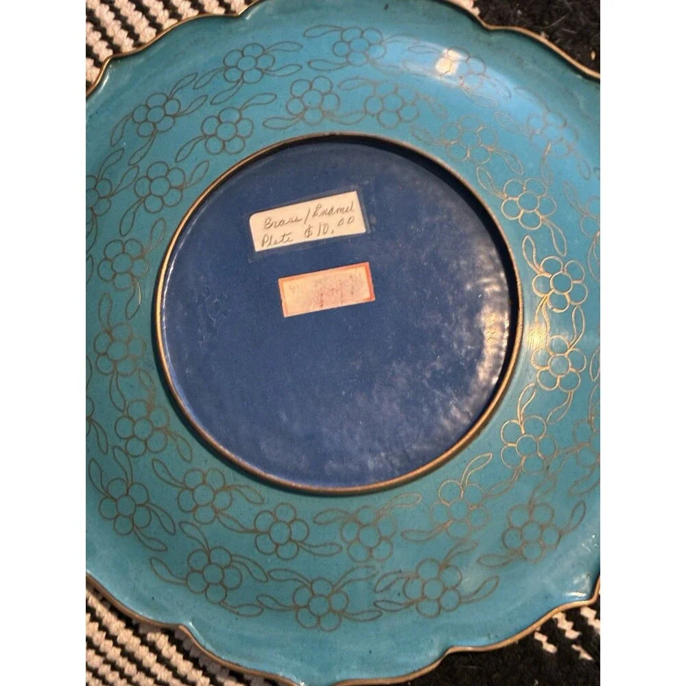 Blue Pink Flower Cloisonne Brass Enamel Hand Painted Plate Vintage Chinese